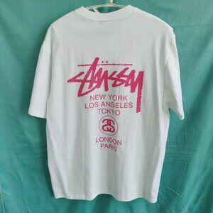 Stussy White Tee with Pink Urban Graphic